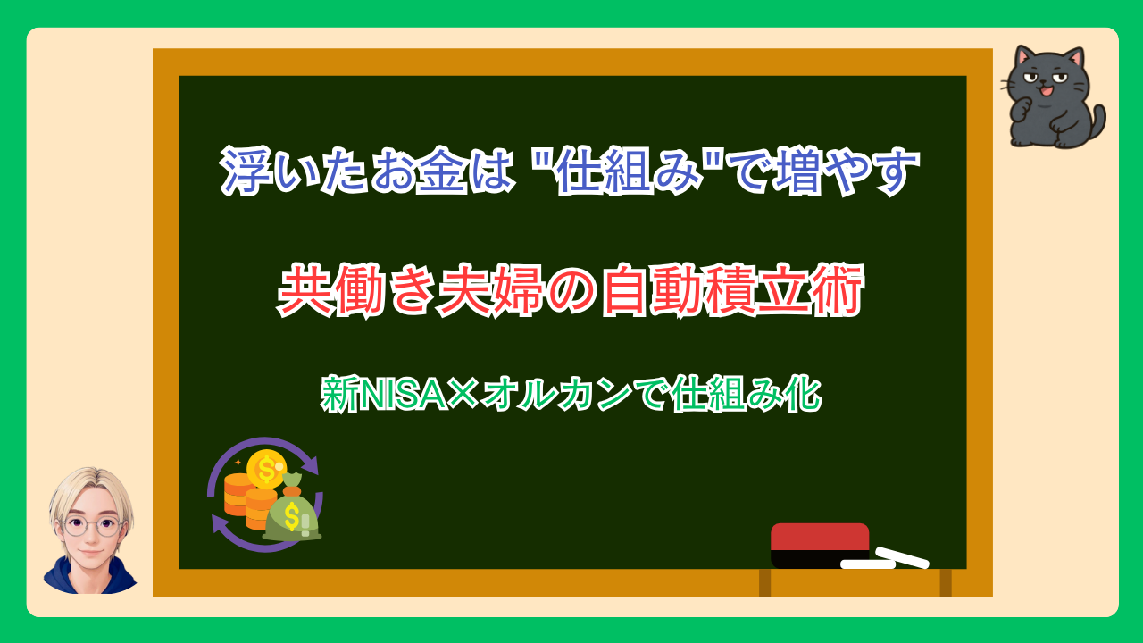ふるさと納税で浮いたお金を投資に回す仕組みを紹介するアイキャッチ。共働き夫婦の自動積立術